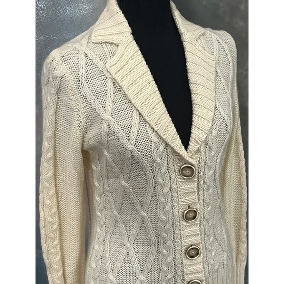 Banana Republic Womens Cream Cable Knit 100% Wool Button Shawl Collar Cardigan M - Picture 6 of 8